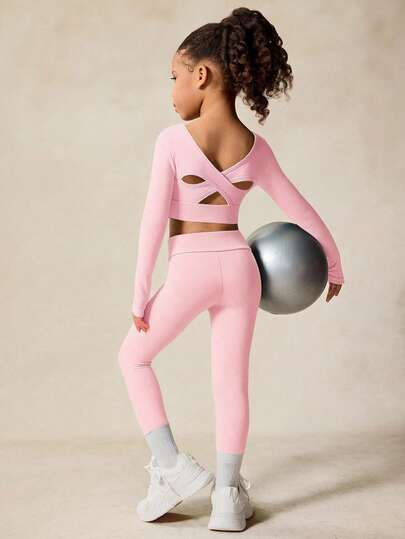 Young Girls Activewear Set, High Stretch Long Sleeve, Criss-Cross Hollow Back Design Sportswear, Back To School, Casual