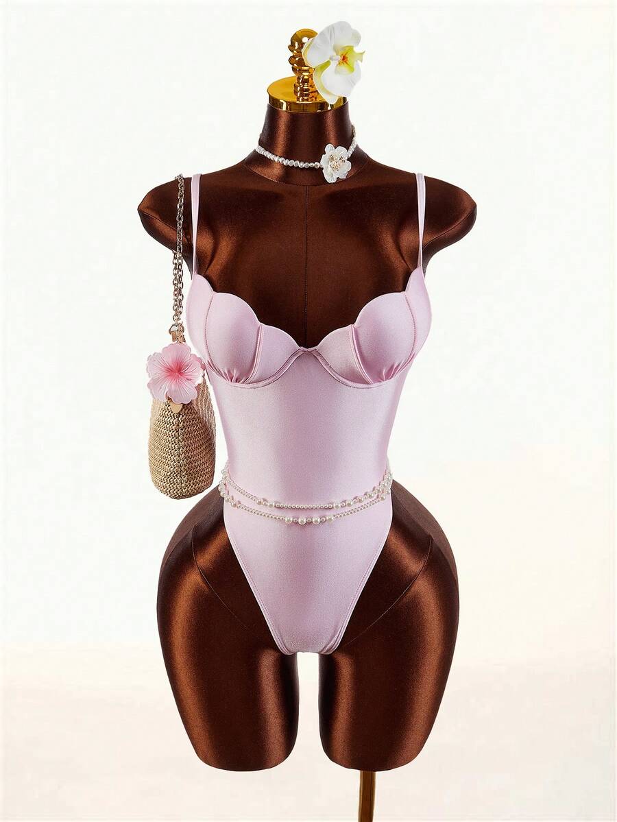 Amplova 1pc Women's Seashell Shaped Cup One-Piece Swimsuit, Satin Shiny Adjustable Strap Backless Sexy Swimwear Vacation Outfit Vacation Outfits Women Holiday Outfits For Women Elegant Women's Beach Swimsuit - Mocha Brown - View 1