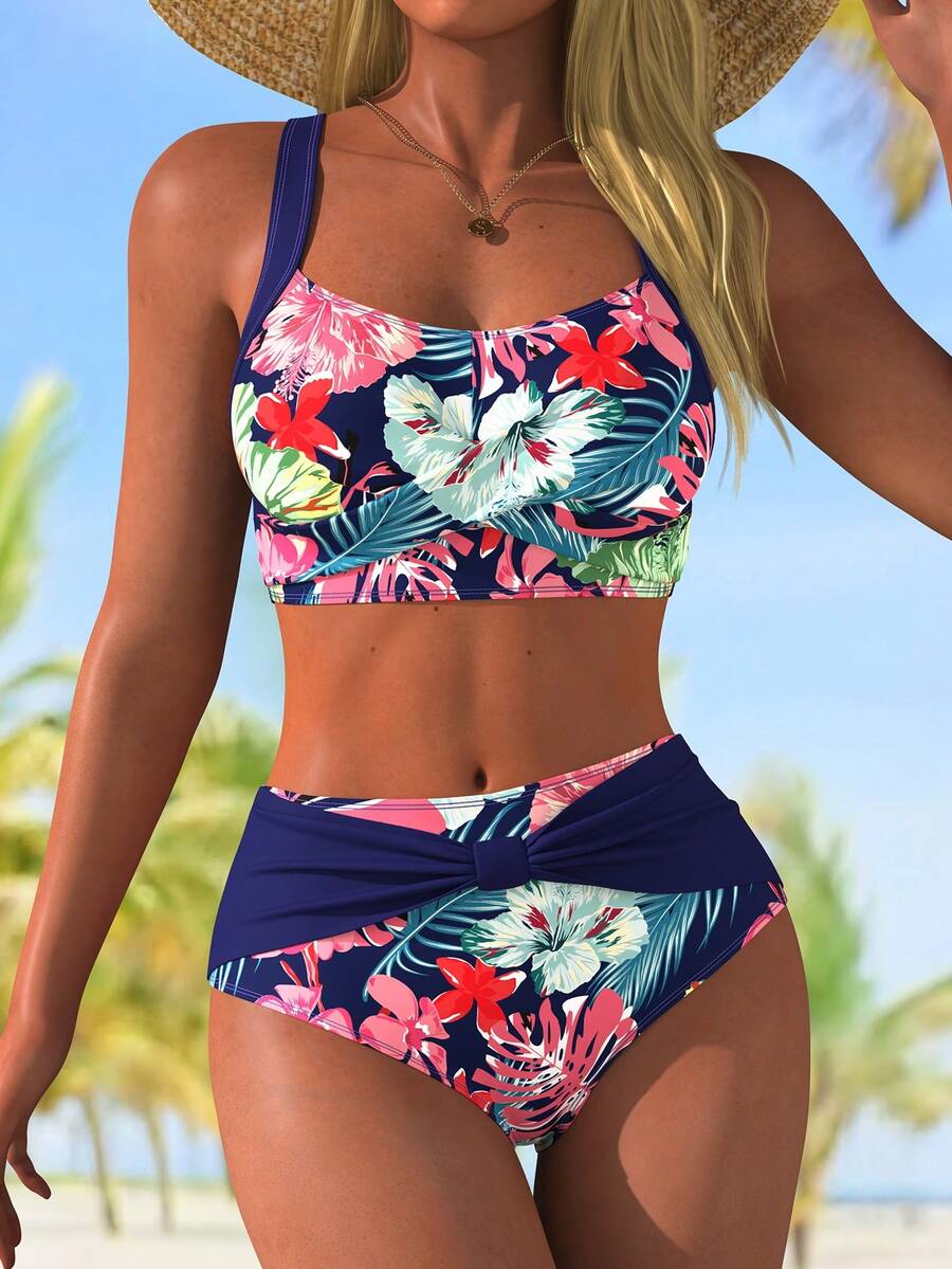 Swim Lushoire 2 Pieces Women Tropical Floral Print Wide-Strap Bandeau Top With Front Bow & High-Waisted Ruched Bikini Swimsuit Set For Summer Beach Vacation - Multicolor - View 1
