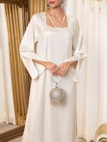 Al Najma 女士优雅派对纯色喇叭袖阿拉伯风格连衣裙 - 杏色 - 查看 4