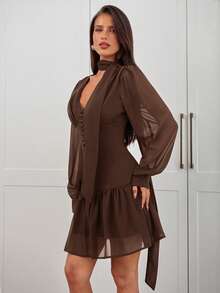 Aloruh Purple Elegant Minimalist Long Sleeve Mini Dress, Suitable For Commuting ,Summer Dress,Spring Dresses For Women - Brown - View 6