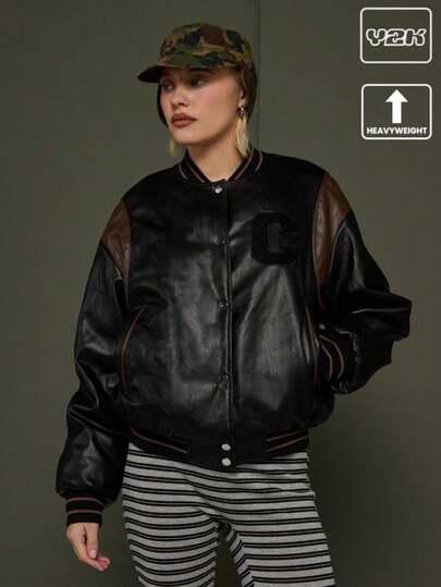 COUREZ Faux Leather Oversized Bomber Jacket With Collegiate Graphic/ Y2K  Spring Clothes For Women Oversized Streetwear Black Jacket Going Out Clothes Festivals Party Outfit