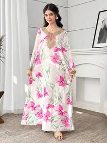 SHEIN Teen Girls Retro Embroidered Dress - Multicolor - View 6