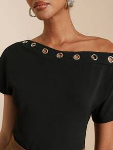 Lyxana Damen-T-Shirt mit asymmetrischem Schulterdekor, einfarbig, Cut-Out - Schwarz - Übersicht 6