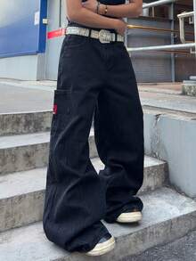 ROMWE MEN Anime 男士宽松牛仔裤，饰有骷髅刺绣图案 - 黑色 - 查看 3