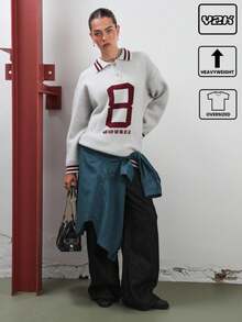 COUREZ Extreme Oversized Long Sleeve Rugby Knit Top With Collegiate Pattern /Y2K Going Out Spring Gym Sports Casual Cozy Spring Sweater Festivals - Light Grey - View 1