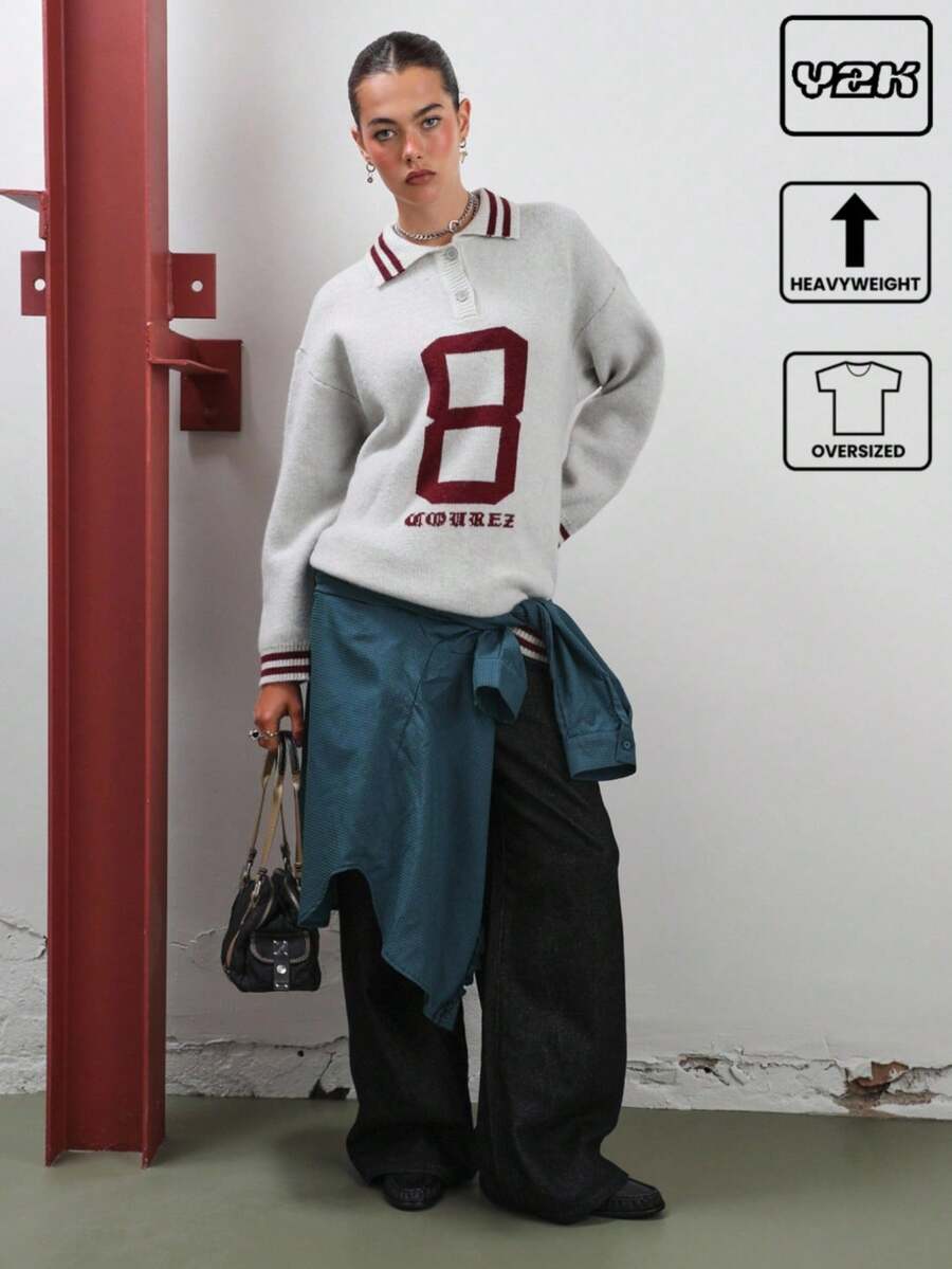 COUREZ Extreme Oversized Long Sleeve Rugby Knit Top With Collegiate Pattern /Y2K Going Out Spring Gym Sports Casual Cozy Spring Sweater Festivals - Light Grey - View 1