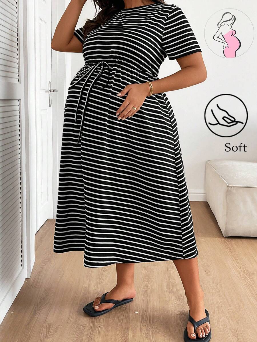 Plussiva 大码孕妇条纹圆领短袖抽绳腰休闲连衣裙 - 黑色 - 查看 1