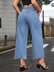 SHEIN ICON Quần jeans ống đứng cạp chun, gấu quần rách tua rua dành cho nữ cỡ lớn, màu xám nhạt. - Rửa nhẹ - Xem 2