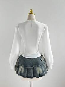 Sweetra Elegant French Lady Style Pure White Floral Lace Patchwork Unique Button Front Design Women Blouse, Early Autumn Fashion - White - View 3