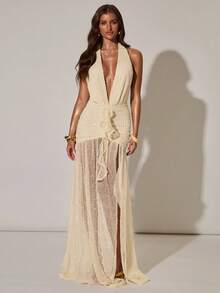 SHEIN BAE Robe décontractée de vacances à col V profond et froncée pour femmes, convenant aux vacances décontractées, aux voyages à la plage, aux fêtes, aux mariages. Robe élégante jaune - Jaune clair - Voir 3