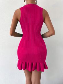 Breezaya Vestido de suéter de punto acanalado con volantes en el bajo, sin cinturón, para ropa de Año Nuevo - Rosa Roja - Ver 2