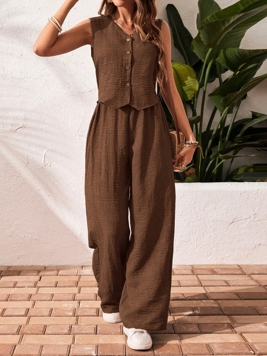 SHEIN Frenchy 女士休闲通勤度假风纯色无袖纽扣背心和阔腿裤两件套，春夏秋季 - 棕色 - 查看 1