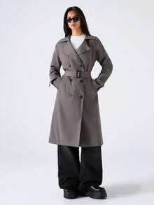 SHEIN EZwear 女士翻领双排扣长袖防皱时尚风衣，秋冬款 - 灰色 - 查看 4