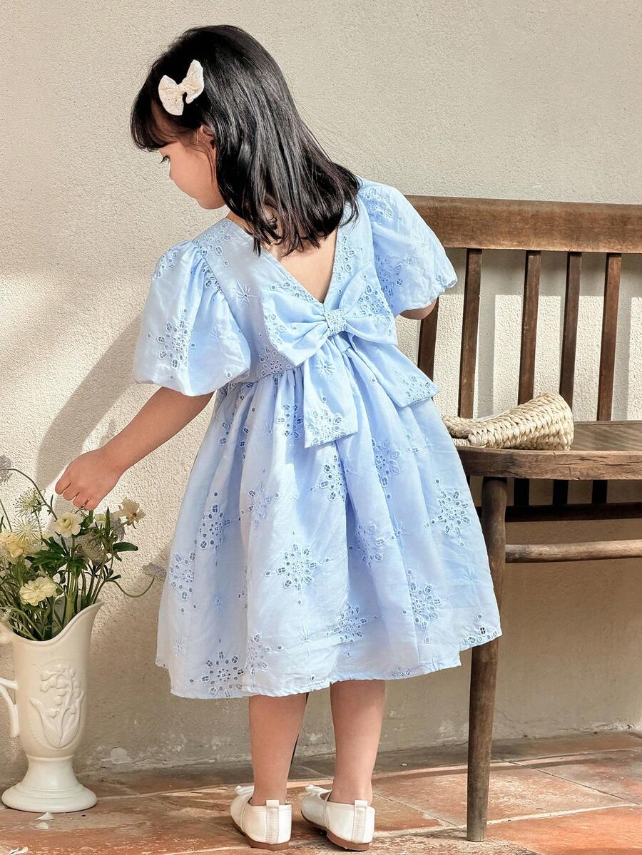 Young Girl's Elegant Pink Bow Decor Dress, Hollow Out Embroidery 3D Effect Dress, Spring/Summer - Blue - View 1