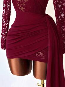 Mistrie Đầm dài tay ren phối màu tương phản, kiểu dáng thanh lịch, thắt eo, có bèo nhún. - Màu Đỏ Sâu - Xem 6