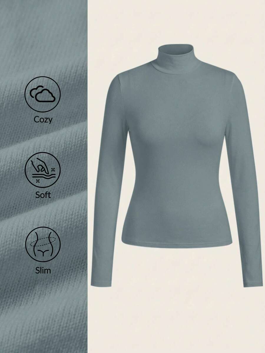 SHEIN BASICS 女士休闲纯色针织修身常规领长袖T恤 - 霧霾藍 - 查看 1