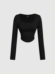 SHEIN MOD 4件套女士褶皱休闲方领长袖T恤套装，保暖衣物，秋季，外出上衣，假日，新年 - 彩色 - 查看 11