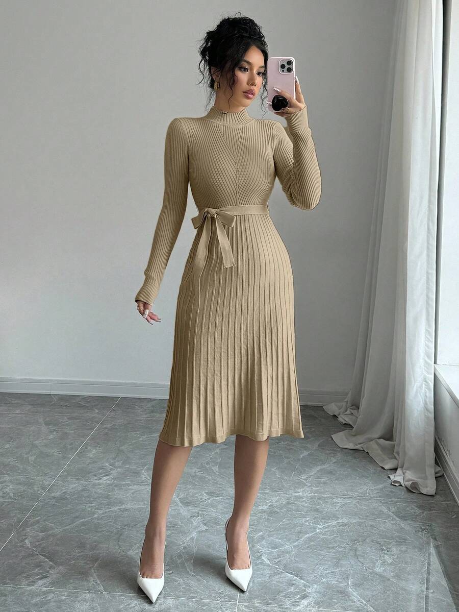 Selianne 女士优雅纯色罗纹针织连衣裙，秋季 - 卡其色 - 查看 1