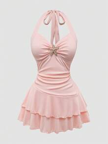 Sweetra Plus Size Women's Sweet Cute Textured Fabric Starfish Decor Camisole Dress + Swim Shorts 2 Piece Set, Summer Beach Vacation Swimming Dress Bikini Dress Skirt Swimsuit Bathing Suits For Women Pink