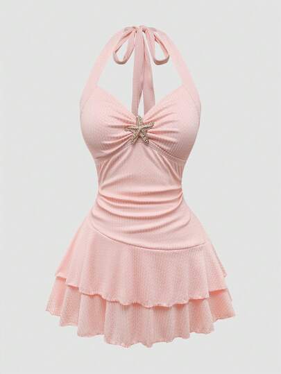 Sweetra Plus Size Women's Sweet Cute Textured Fabric Starfish Decor Camisole Dress + Swim Shorts 2 Piece Set, Summer Beach Vacation