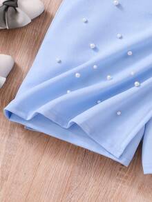 Tween Girl Solid Ribbed Cap Sleeve T-Shirt & Faux Pearl Studded Skort Set Summer Holiday - Blue - View 8