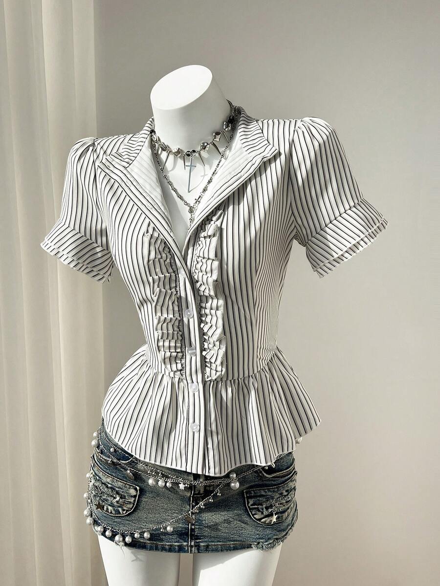 Flirla Women's Casual Fashionable Daily Wear Versatile Vacation Striped Print Ruffle Trim Short Sleeve Fitted Shirt, Spring/Summer - Multicolor - View 1
