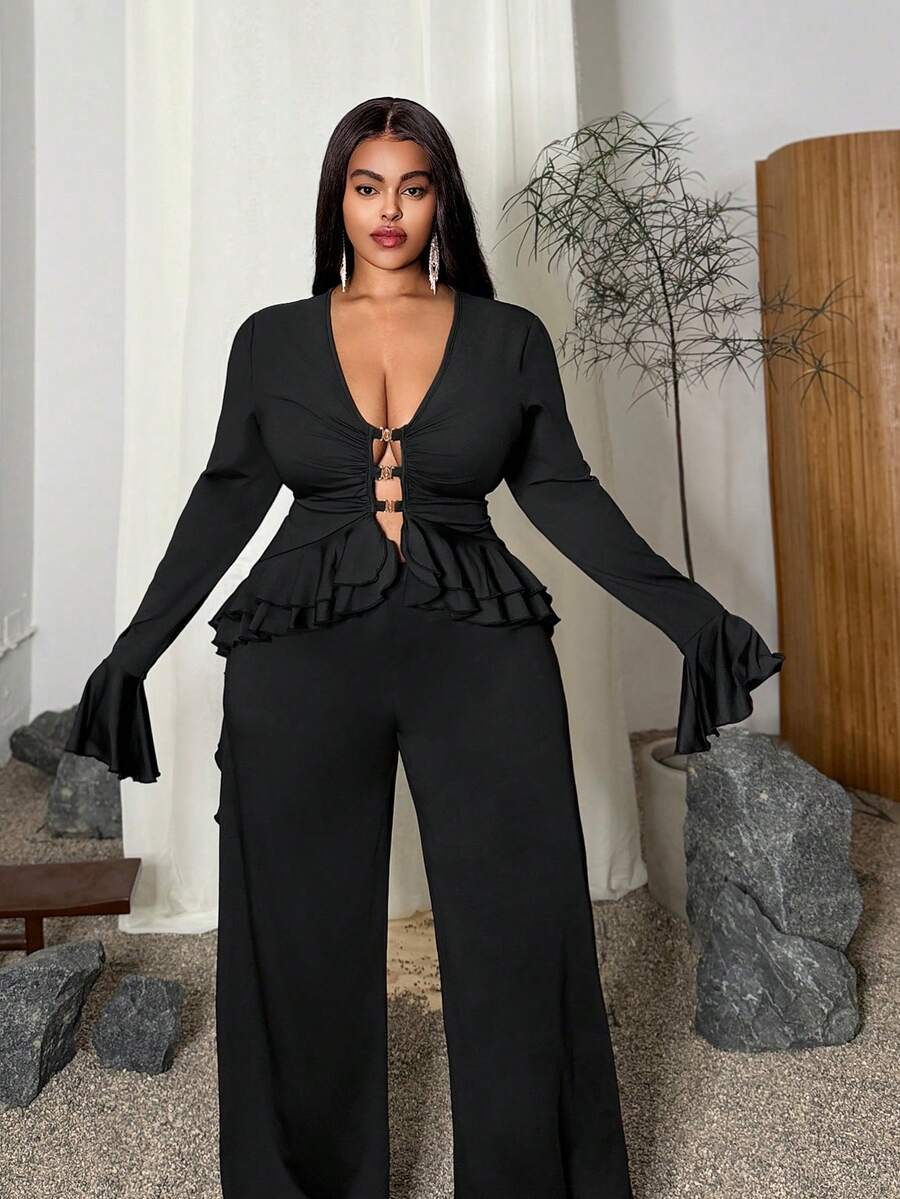 Maweii Plus Size Women's Solid Color Hollow Out Ruffle Hem Flare Sleeve ...