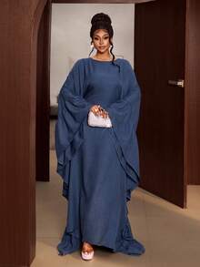 Maweii Plus Size Elegant Solid Color Tie-Waist Batwing Sleeve Dress - Blue - View 3