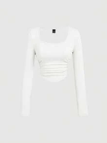 SHEIN MOD 4件套女士褶皱休闲方领长袖T恤套装，保暖衣物，秋季，外出上衣，假日，新年 - 彩色 - 查看 5