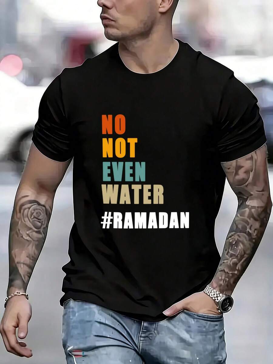 Manfinity Homme Men's Casual Slogan Graphic Round Neck Short Sleeve T-Shirt, Summer - Black - View 1