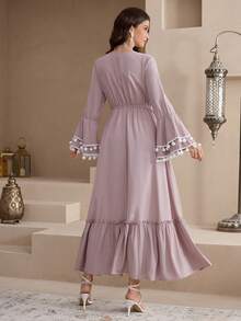 Al Najma New Bohemian Style Embroidered V-Neck Tassel Waist Flared Dress, Slimming - Pink - View 7