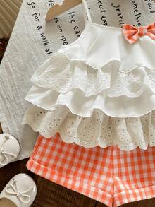 Babygirl Summer Cute Vacation Ruffle Camisole Top And Plaid Shorts Set - Orange - View 4