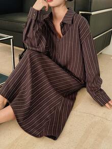 DAZY Women's Loose Fit Drop Shoulder Long Sleeve Striped Blazer Suit Set - Brown - View 2