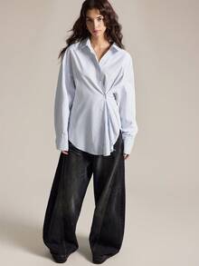 Easelle 女士蓝色条纹梭织宽松长袖休闲衬衫 - 淺藍色 - 查看 7