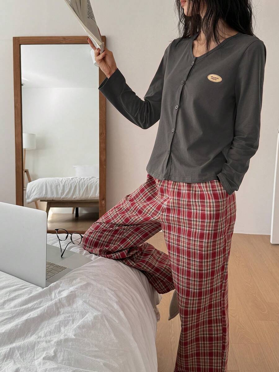 DAZY 2pcs Women Letter Print Decor Cardigan Top & Plaid Pajama Pants Sleepwear Set