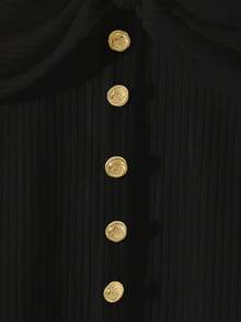 Franclia 女士纯色杏色针织弹力修身罗纹领蝴蝶结纽扣装饰长袖露肩T恤，休闲法式优雅杏色上衣，秋冬季百搭日常款 - 黑色 - 查看 3