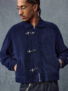 ROMWE MEN Casual 男士秋季长袖纽扣灯芯绒领夹克 - 藍色 - 查看 5