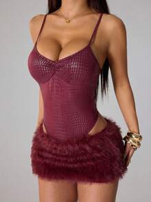 SHEIN PETITE Women's Sexy Crocodile Print Camisole Jumpsuit & Fluffy Mini Skirt 2 Pieces Set, Summer - Burgundy - View 2