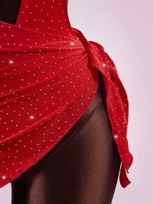 Zestiva Women's 2 Pieces Rhinestone Embellished Halter Neck Cutout One-Piece Swimsuit With Tie-Up Skirt, Summer,Carnival Women Look 2026,Valentine's Day Outfit,Beach Outfit,Party,Red,Sparkly Dress - Red - View 9