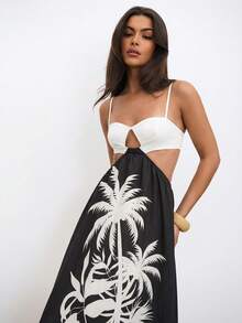 Aloruh 女士波西米亚风度假棕榈树印花吊带连衣裙 - 黑色 - 查看 5