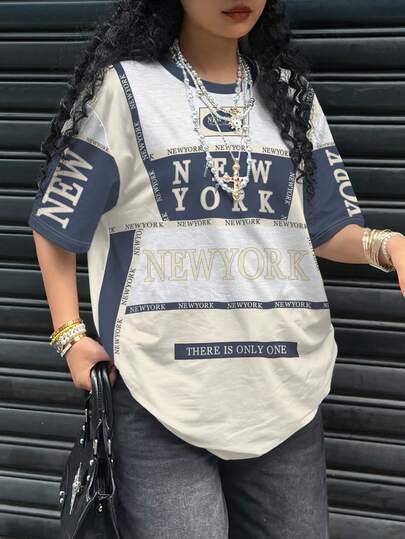 Rovax 超大宽松纽约字母印花复古休闲女式T恤，街头风