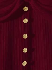 Franclia 女士纯色杏色针织弹力修身罗纹领蝴蝶结纽扣装饰长袖露肩T恤，休闲法式优雅杏色上衣，秋冬季百搭日常穿着 - 紅色 - 查看 4