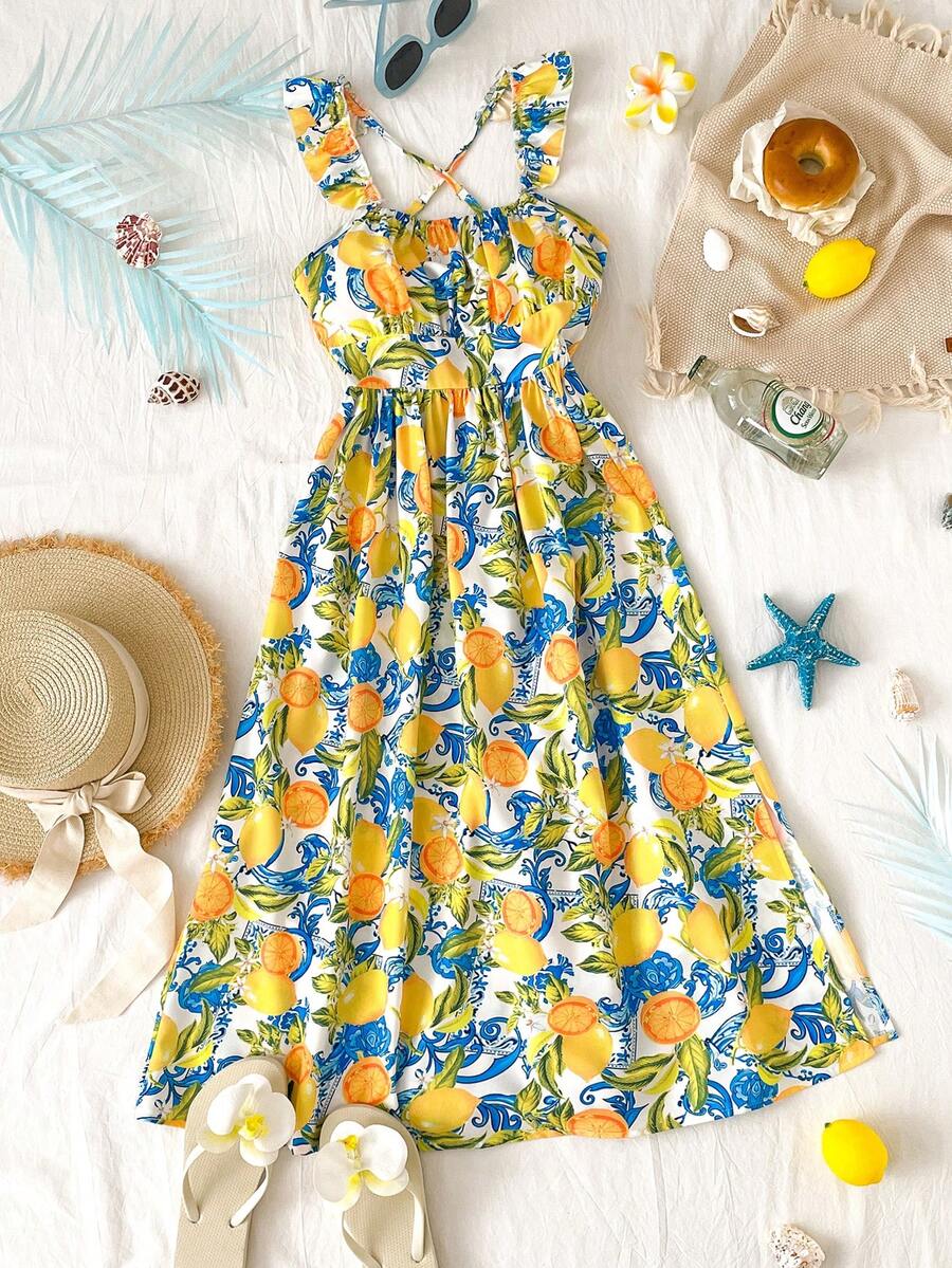 一件式少女水果印花无袖连衣裙，轻盈透气，面料柔软舒适，适合多种场合日常穿着。 - 彩色 - 查看 1