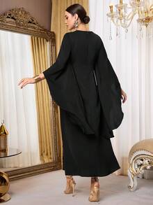 Al Najma Women's Floral Embroidered Square Neck Flare Sleeve Elegant Arabic Style Dress - Black - View 6