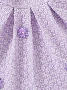 1pc Chiffon Floral Decor Elastic Waist Casual Elegant Princess Party Dress, Summer Lilac Young Girls Lavender For Puffy Sleeve Purple - Pink - View 6