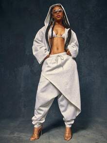 Denimoi Drop Crotch Front Layered Detail Sweatpants Fashion Streetwear Comfortable Sweatpants Casual - Light Grey - View 1