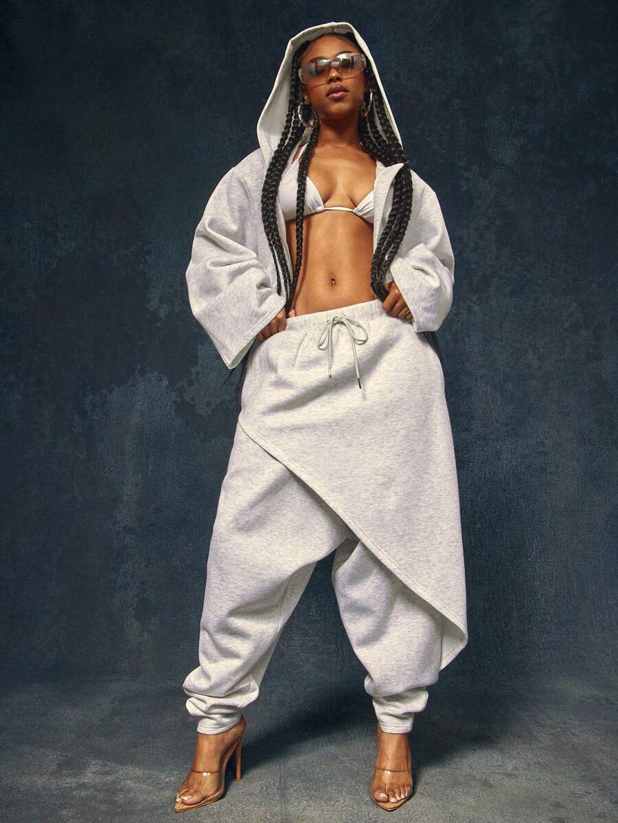 Denimoi Drop Crotch Front Layered Detail Sweatpants Fashion Streetwear Comfortable Sweatpants Casual - Light Grey - View 1