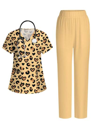 PopScrub Heart & Leopard Spot Print V-Neck Short Sleeve Pocket Nursing Scrub Uniform Set For Women, Spring/Summer Valentine's Day