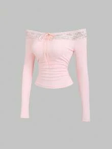 Sweetra Damen Halloween, Thanksgiving, Neujahr, geeignet für Party, Pendeln, Alltag, Reisen, Urlaub, rosa Spitze Rüschen Schleife Design Langarm Top, süß und figurbetont - Pink - Übersicht 1